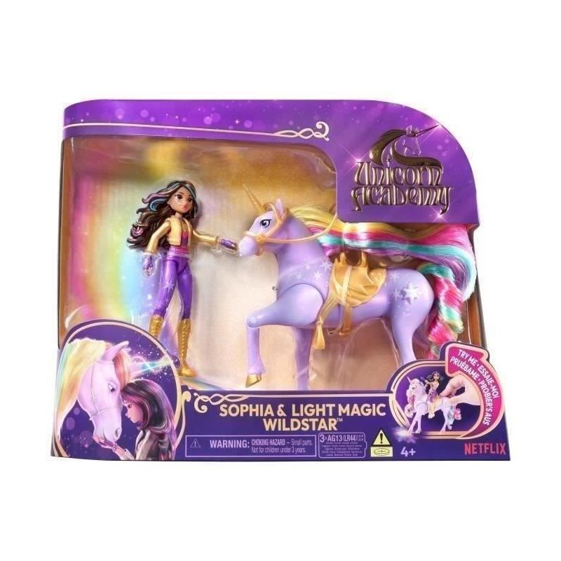 Wildstar Magic Light Unicorn Academy avec effets lumineux et poupée Sophia