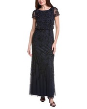 Adrianna Papell Blouson Bead Long Dress Women's Navy 6