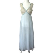 60s Shadowline Lace Night Gown Blue Cream Size Small Vintage Coquette Retro