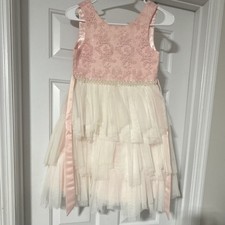 Pink Ivory Lace Tulle Formal Flower Girl Dress with Pearl Waist