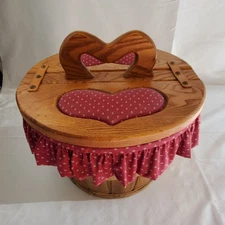 Vintage Wooden Sewing Basket Flip Top Heart Handle Fabric Liner Red RARE