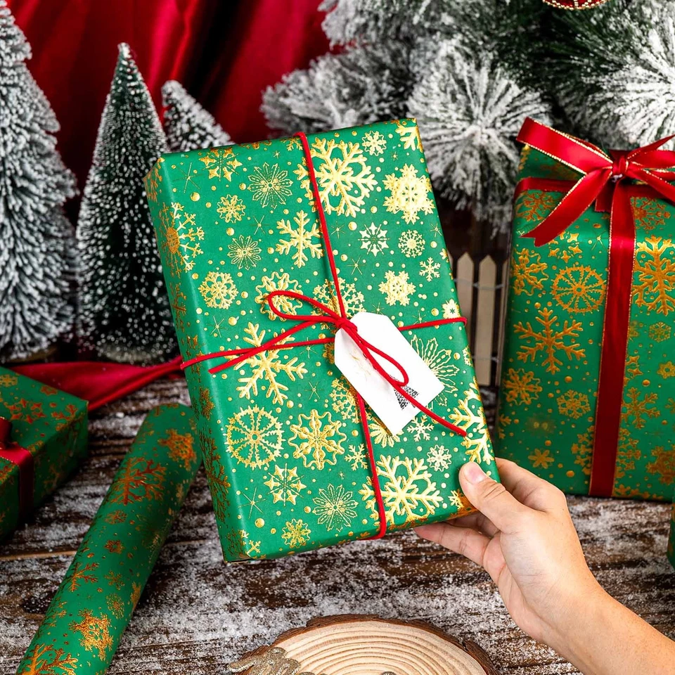 Green Gold Snowflake Christmas Wrapping Paper Roll Metallic Foil 17x33 Ft Gift - Image 3 of 4