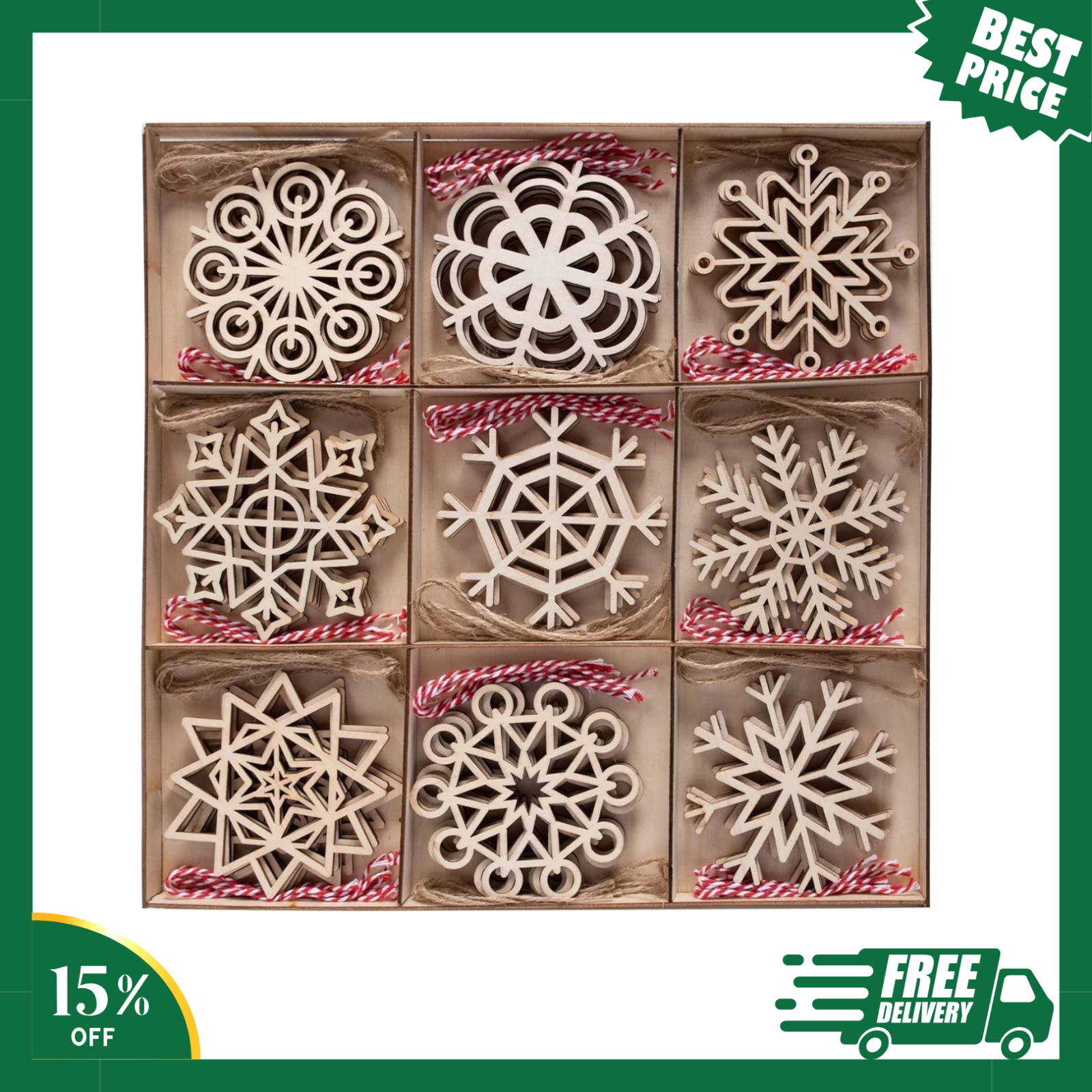 36 Pcs Snowflake Wooden Christmas Ornaments Hanging Ornaments for Christmas Tree