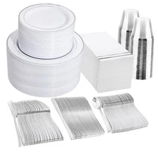  700PCS Silver Plastic Plates - Silver Plate Set 100Guest - Silver Rim