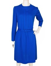 Vintage 60s Kay Windsor Blue Puff Sleeve Pleated Belted Shift Dress Size Medium