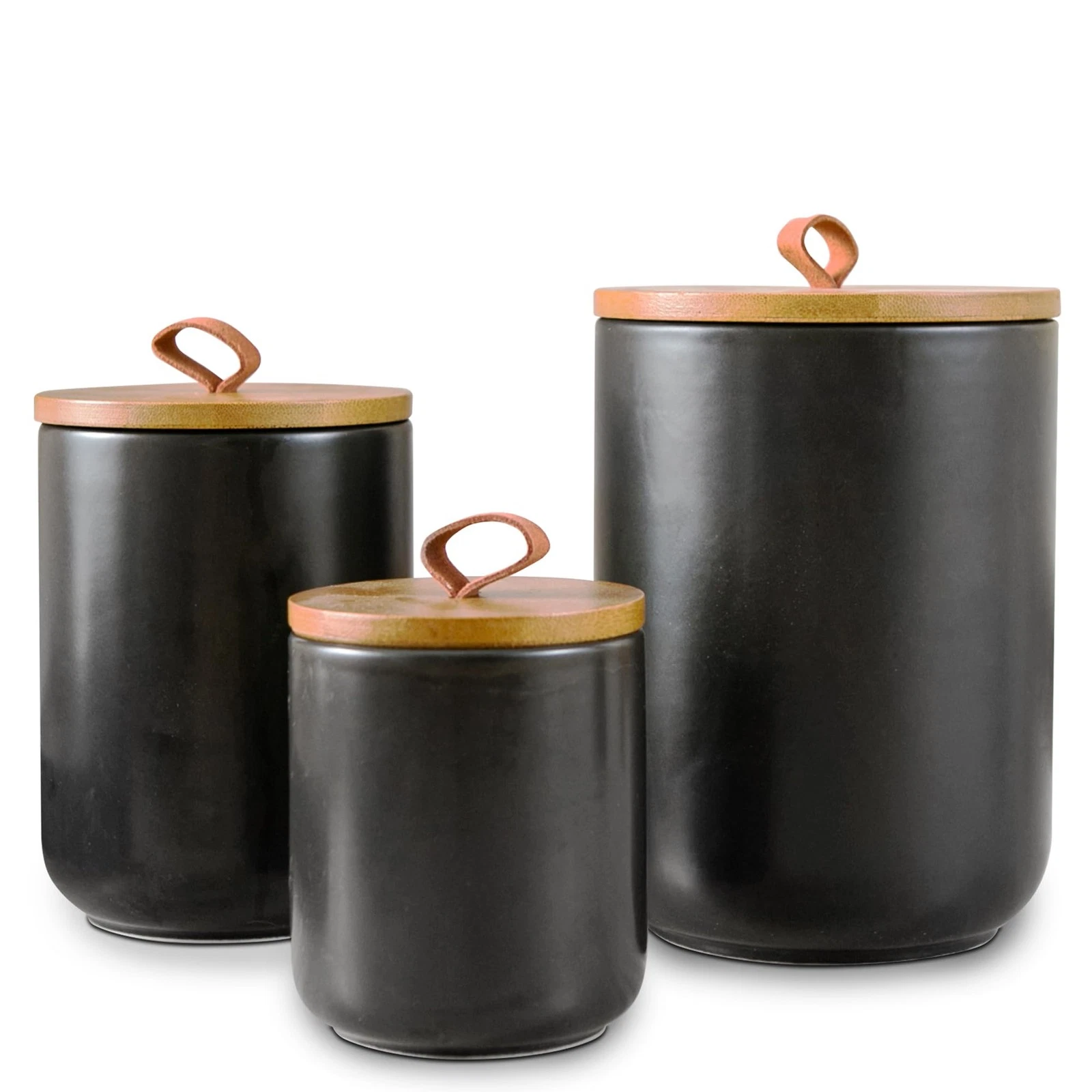 Black Canister Sets for Kitchen, 3pcs Ceramic Canisters with Airtight Wooden ...