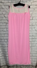 Vintage Hot Pink Luxurious Silky Nylon Long Nightgown Bows Lace USA Made Medium