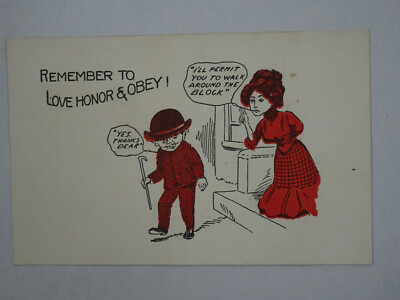 Vintage Hand Colored Linen Comic Postcard Love Honor & Obey Unposted Germany