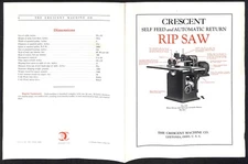 Crescent Machine Co. 1925 Self Feed Rip Saw Product Spec Folded Sheet VGC