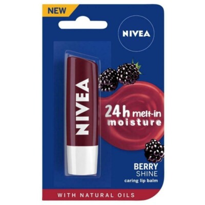 Nivea 24H Caring Lip Balm with Natural Oils, Berry Shine 4.8 g
