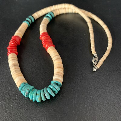 Native Santo Domingo Shell Red Coral Blue Turquoise Onyx 22'' Necklace 13487