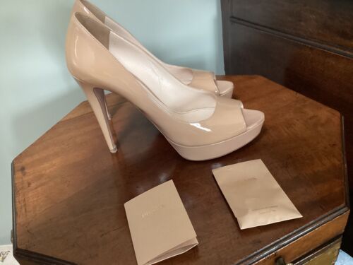 PRADA Nude Patent Leather Heels 6.5 39 1/2 Fabulous! - Afbeelding 1 van 7