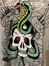 Ed Hardy Rhinestone Skull Snake Graphic Mens Size M T-shirt Tattoo Gray NWT $85