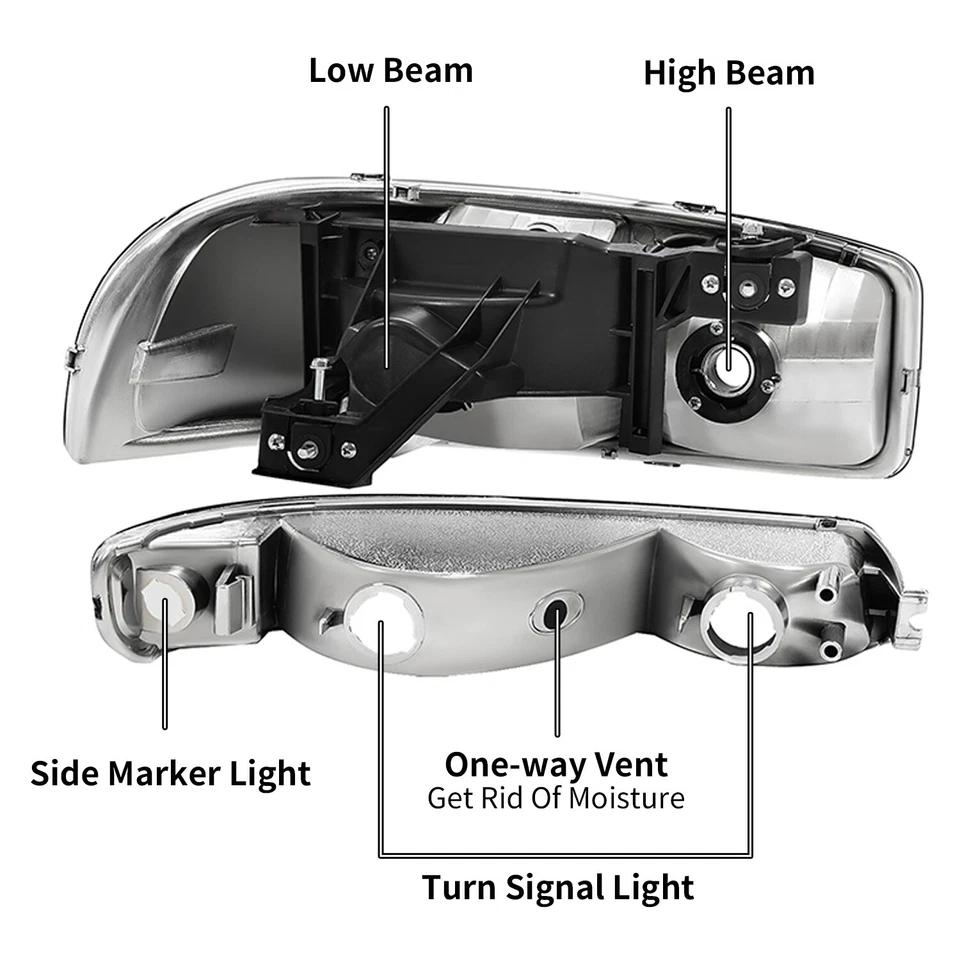 Faróis transparentes cromados + lâmpadas de para-choque conjunto com 4 peças para GMC Sierra 99-06 Yukon 00-06 - Imagem 4 de 4