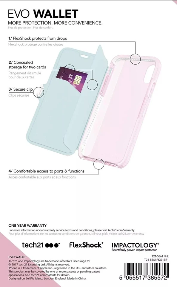 NEW Tech21 Evo Wallet Case for Apple iPhone X📲 Pink Drop Protection - Image 4 of 4