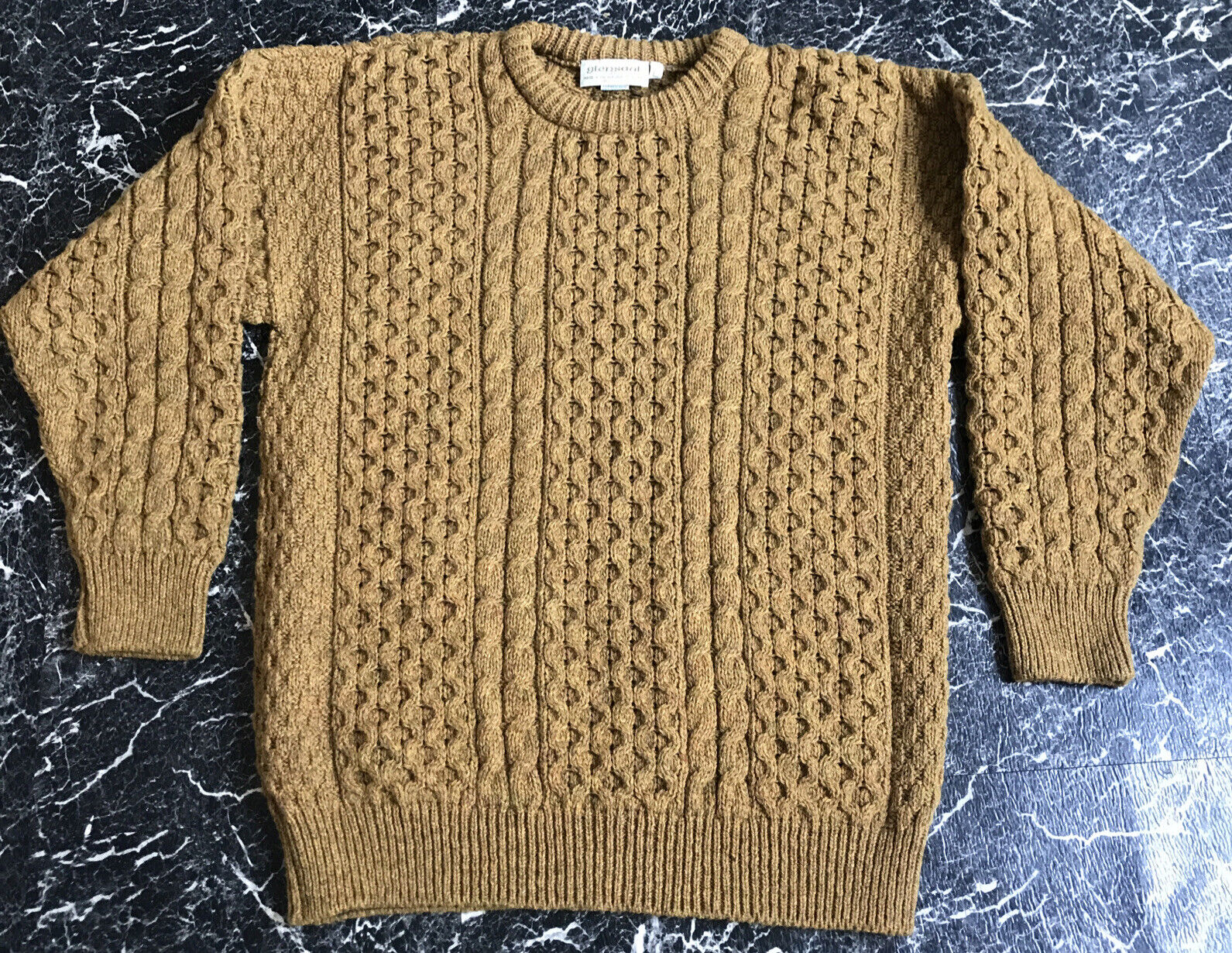 Glensaul Pure 100% Wool XL Tan Chunky Cable Knit Irish Fisherman