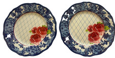 2 New Pioneer  Heritage Floral Dinner Plate Cobalt Blue Scalloped  10.5"