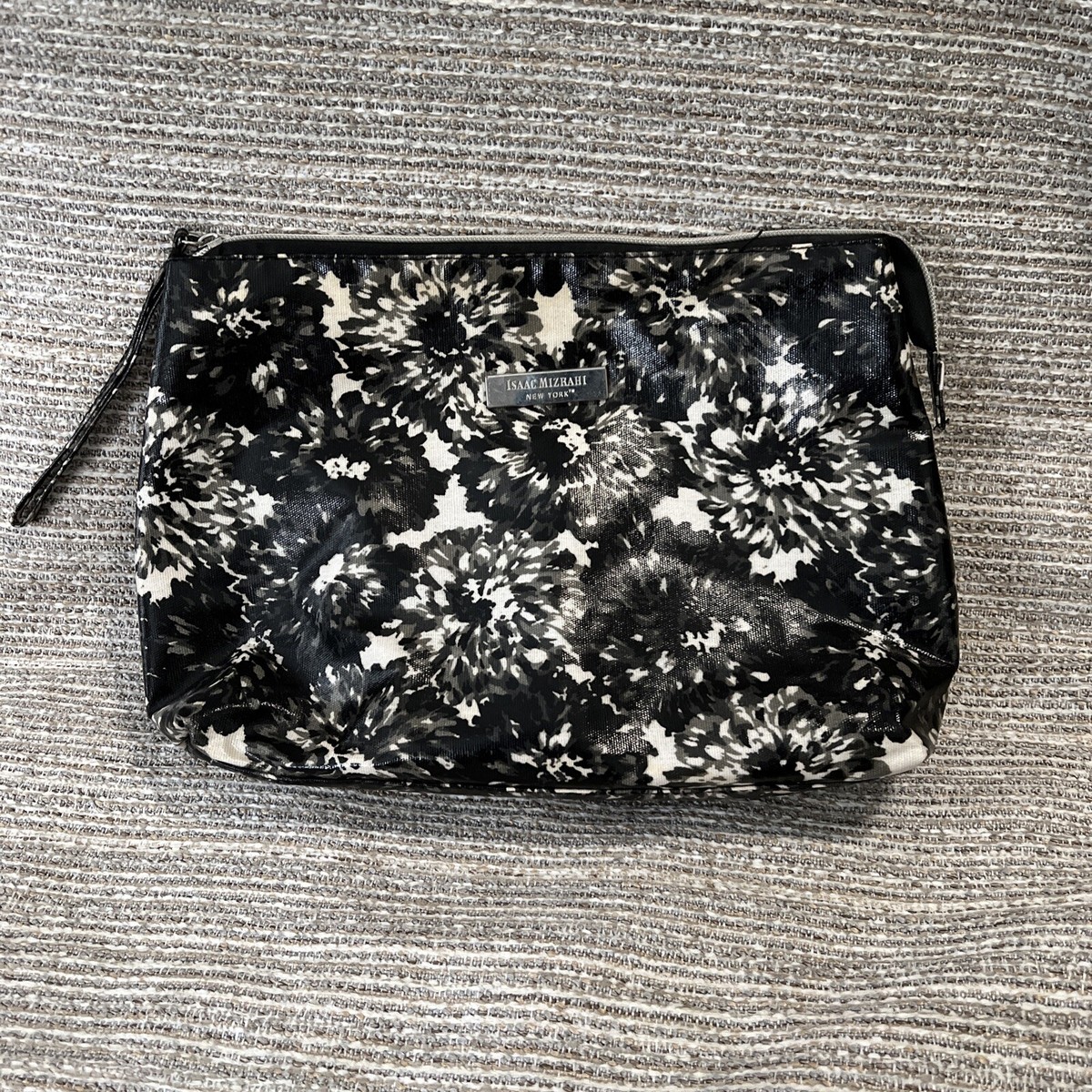 🖤Isaac Mizrahi Makeup Cosmetic Bag Black & White Floral Silver