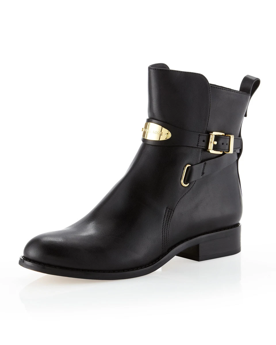MICHAEL KORS Black Genuine Leather Arley Gold Logo Plate Flat Ankle Boots