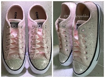 CUSTOMISED CONVERSE PALE PINK GLITTER, CRYSTAL SPARKLE TOE ~ Wedding Party Prom