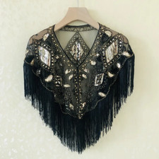 Lady Sequin Tassel Cape Blouse Wrap Shawl Lace Mesh Glitter Bolero Shrug Top Tee
