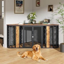 67" Corner Wooden Dog Crate Furniture with Diamond Metal Decoration, Pet Kennel