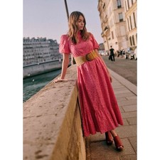 Sezane Prune Dress Women US 2 Pink Eyelet Ruffle Puff Sleeve Midi