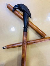Antique Crow Head Cane Brass Handle Wooden Walking Stick Vintage Raven Gentlemen