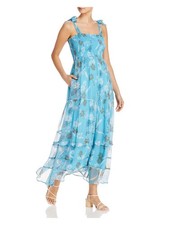 DOLAN Womens Maxi Dress Aqua Smocked Tie Sleeveless Square Neck Evening S