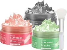 3-Pack Clay Face Mask Set – Dead Sea, Green Tea & Rose Masks with Brush