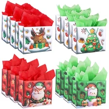 12 Pieces Christmas Gift Paper Bags with Tissue Paper 11.8” x 9.4” x 5.3” Lar...