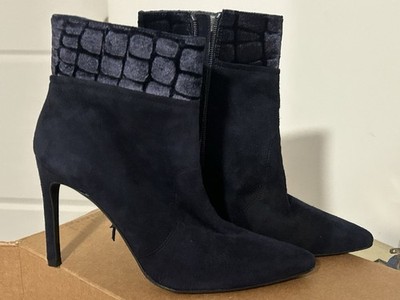 Black Suede Stiletto Ankle Bootie with Zipper Accent and Pointed Toe