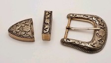 Vintage 3pc Belt Buckle Hardware Set Silverplate W Western Floral Scroll Design