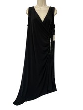 Chicos Maxi Dress 2 Large Black Sleeveless Zip Ruched Asymmetric Travel Knit NEW