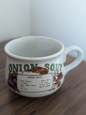 Vintage Zwiebel Suppentasse Tasse Schale Keramik Rezept auf Vorderseite Retro Chic Kitsch