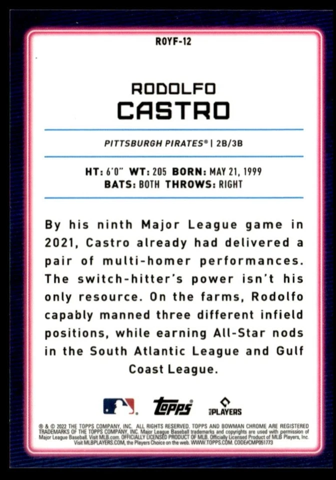 2022 Bowman Rookie of the Year Favorites Red Refractor Rodolfo Castro 1/5 - Image 2 of 2