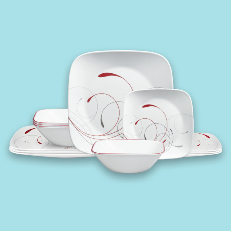 Corelle Splendor Square 12 Piece Lunch Dinnerware Set, White Red & Gray 313014651664 eBay