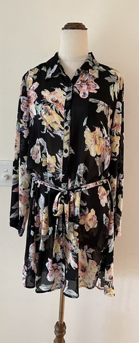 Boohoo Sheer Black Floral Dress (or Long Blouse Top) With Tie Belt Size UK 16