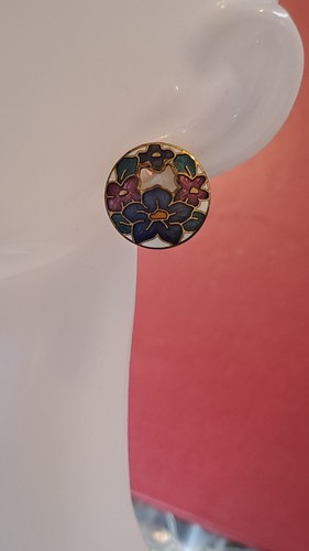 VINTAGE Cloisonne Earrings Clip On Enamel Stud Multi-Coloured Flowers Stunning. - Picture 5 of 11