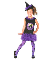 Girl Purple Cat Tutu Witch Costume Halloween Dress Hat Tights3-4y Child Toddler