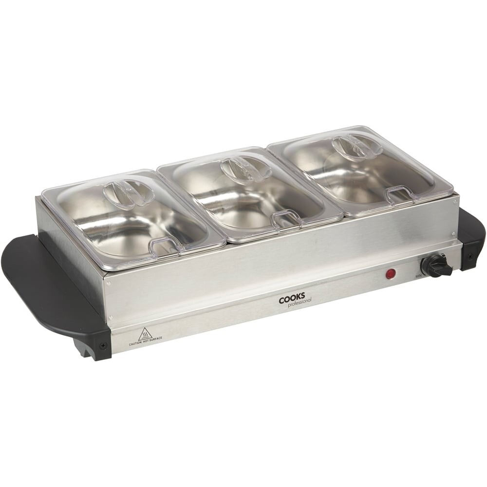 Cooks Professional Buffetwärmer 3 Abschnitte 6L Fassungsvermögen 200W Kochplatte in Silber