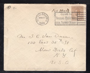 Bahamas 1930 Airmail cover to NY franked 6p brown George V, Scott 79