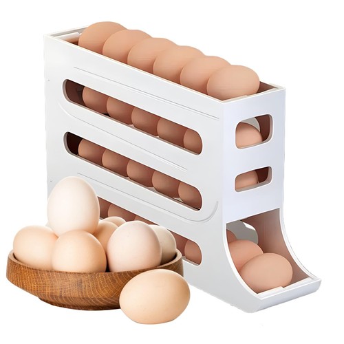 Egg Dispenser Automatic Rolling Tray Organizer 28 Egg Holder White Kitchen Rack