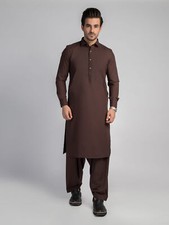 Mens Coffee Brown Plain Shirt Collar Kameez Shalwar Handmade Eid Kurta Shalwar