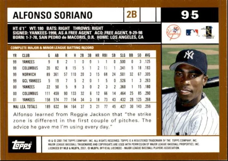 2002 Topps Alfonso Soriano Gold Cup New York Yankees #95 - Image 2 of 2