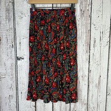 CHAUS Vintage 1990 s Paisley Red Crinkle Midi Skirt Elastic Waist Pockets Small