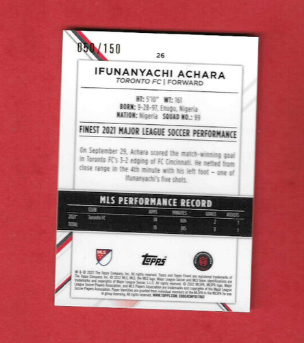 Topps Finest MLS 2022 Major League Soccer Blue 26 Ifunanyachi Achara 050/150 - Picture 2 of 3