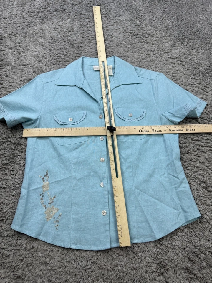 Erika Top Women Small Petite Linen Floral Embroider Button Up Shirt Artsy Blouse - Image 4 of 4