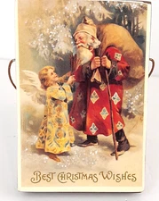 Old World Santa Claus Glitter Plaque Hang Stand Christmas Wood Sign 5.25X3.25
