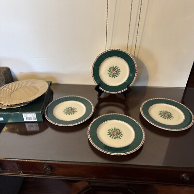 fitz and floyd yuletide holiday Green Set Of 4 Salad Plates 8  New W/tags &box